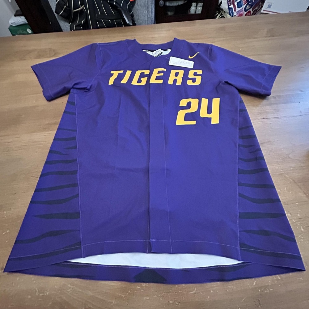 Tigers Baseball Jersey Mens Large Purple Gold Nike Dri Fit 24 Team Shirt